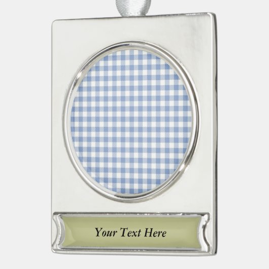 Überprüftes blaues Gingham-Classic-Muster Banner-Ornament Silber (Links)