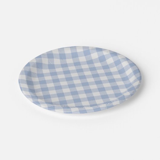 Überprüftes blaues Gingham-Classic-Muster Pappteller (Schrägansicht)