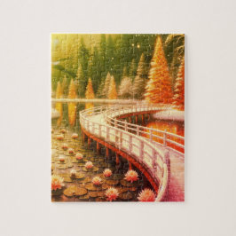Überquere die Brücke über den Teich mit der blumig Puzzle