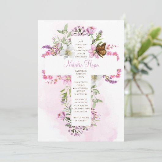 Überqueren mit Blume religiös Einladung (Stehend Vorderseite)