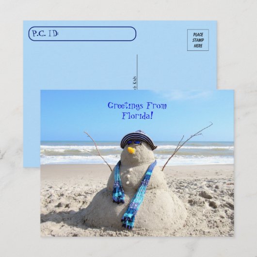 Überqueren von Gruben aus Florida Beach Snowman Postkarte (Vorne/Hinten)