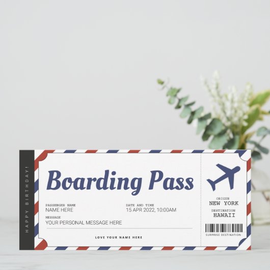 Überraschen Boarding Pass Flugzeug Geschenkkarte Einladung (Stehend Vorderseite)