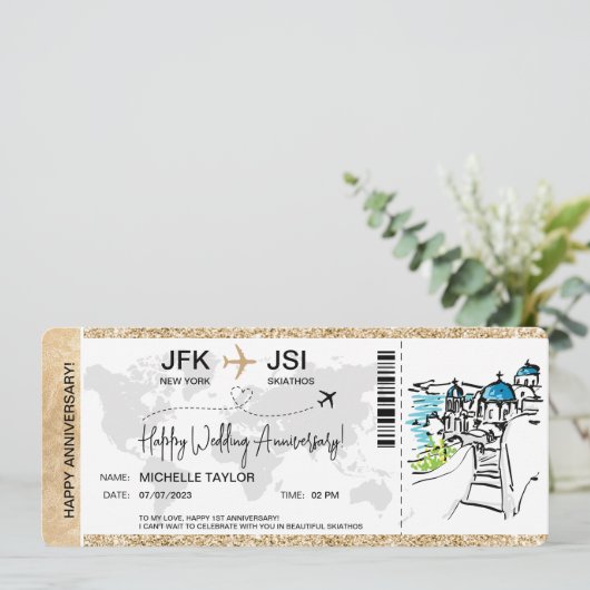 Überraschen Boarding Pass Ticket Griechenland Skia Einladung (Stehend Vorderseite)