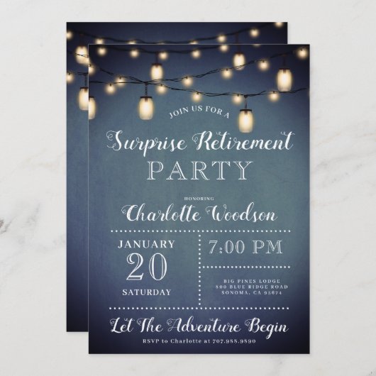 Überraschen Ruhestand Party String Lights Blau Einladung (Vorne/Hinten)