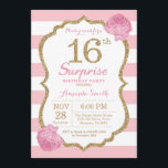 Überraschen Sie 16. Geburtstags-Einladungs-Rosa Einladung<br><div class="desc">Überraschen Sie 16. Geburtstags-Einladung. Rosa und Gold. GoldGlitzer. Rosa und weiße Streifen. Rosa BlumenBlume. Kindergeburtstag. Mädchen-Dame Teen Teenage Birthday Party. Für weitere Kundenbezogenheit klicken Sie bitte "besonders anfertigen es" Knopf und benutzen unser Entwurfswerkzeug,  um diese Schablone zu ändern.</div>