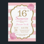 Überraschen Sie 16. Geburtstags-Einladungs-Rosa Einladung<br><div class="desc">Überraschen Sie 16. Geburtstags-Einladung. Rosa und Gold. GoldGlitzer. Rosa und weiße Streifen. Rosa BlumenBlume. Kindergeburtstag. Mädchen-Dame Teen Teenage Birthday Party. Für weitere Kundenbezogenheit klicken Sie bitte "besonders anfertigen es" Knopf und benutzen unser Entwurfswerkzeug,  um diese Schablone zu ändern.</div>