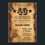 Überraschen Sie 40. Western-Geburtstags-Einladung Einladung<br><div class="desc">Überraschen Sie 40. Western-Geburtstags-Einladung. Cowboy-Pferdewildes Westthema-Geburtstags-Party. Rustikaler hölzerner Land-Hintergrund. Für weitere Kundenbezogenheit klicken Sie bitte "besonders anfertigen es" Knopf und benutzen unser Entwurfswerkzeug,  um diese Schablone zu ändern.</div>