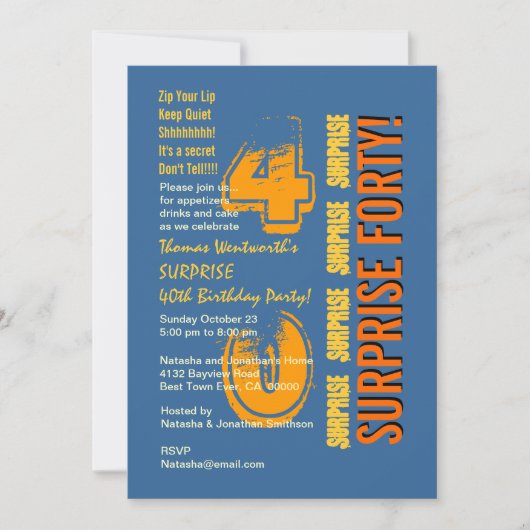 ÜBERRASCHENDE 40. Modern Birthday Blue Gold Orange Einladung (Vorderseite)