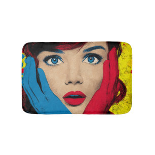 Überraschende Frau in Pop Art Badematte