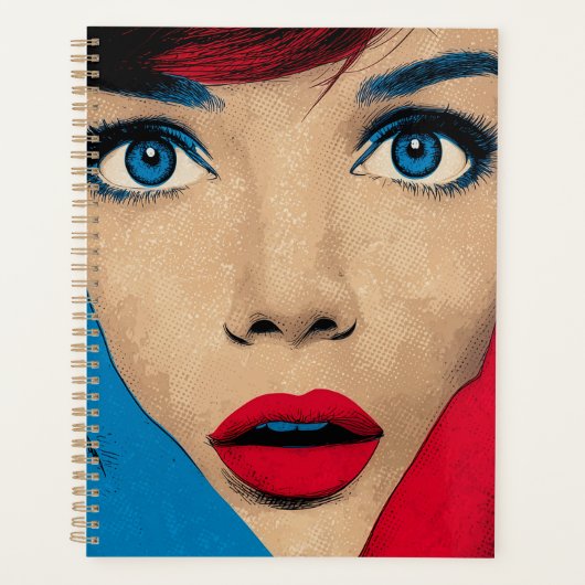 Überraschende Frau in Pop Art Planer (Vorderseite)