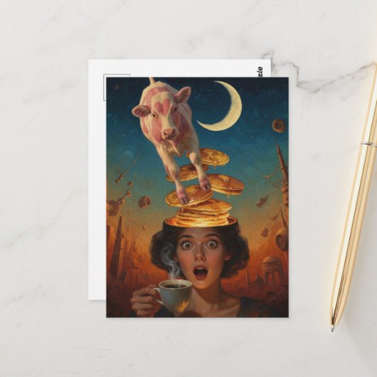 Überraschende Frühstückspfannkuchen Kaffee Rosa Ku Postkarte (Vorderseite/Rückseite Beispiel)