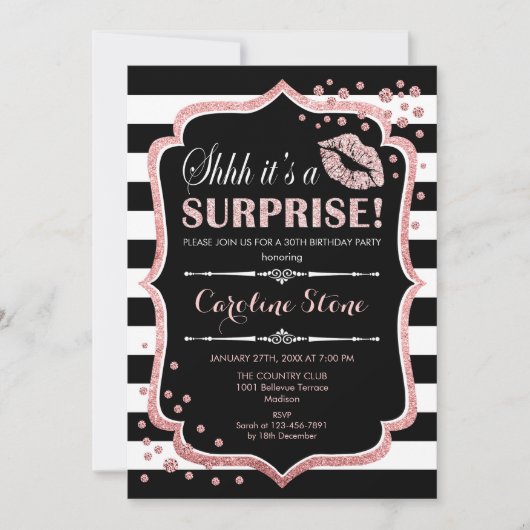 Überraschende Geburtstagsparty - Black Rose Gold Einladung (Vorderseite)