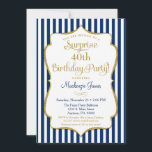 Überraschende Party Einladung Navy Blue Gold Elega<br><div class="desc">Eine elegante Überraschung Geburtstagsfeier in Marineblau und Gold mit marineblau-weiß Streifen und goldfarbenem Glitzer. Der Glitzer Text-Rahmen auf dieser klassischen Geburtstagsparty lädt mit einem Schatten zu einem erhöhten Aussehen ein. Dieses blaue und goldene Überraschungs-Party lädt Sie ein, diesen besonderen Geburtstagstern in Ihrem Leben zu gefallen. Perfekt für Meilenstein Geburtstage wie...</div>