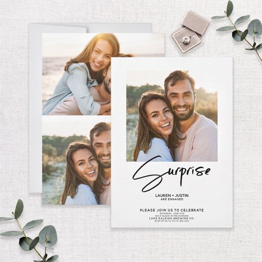 Überraschende Schwarz-Weiß-3-Foto-Engagement-Party Einladung