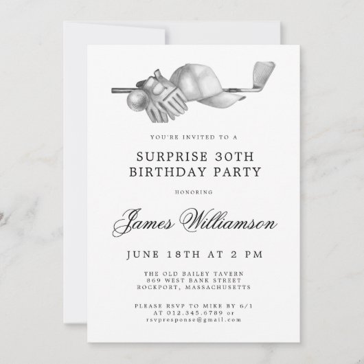 ÜBERRASCHENDES 30. Geburtstag Party Golf Thema Einladung (Vorderseite)