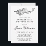 ÜBERRASCHENDES 40. Geburtstag Party Golf Thema Einladung<br><div class="desc">Eleganter Schwarz-Weiß Geburtstag Einladung für einen Golfer. Die Spitze der Einladung ist mit Golf-Accessoires dekoriert - ein Golfclub, Golf-Ball, Hut und Handschuhe. Das Aquarelldesign schafft eine traditionelle und klassische Ästhetik. Ideal für einen Geburtstagsbash im Club oder eine GRILLEN im Hinterhof. Der gesamte Text ist leicht zu bearbeiten. Erstellen Sie die...</div>