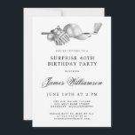 ÜBERRASCHENDES 40. Geburtstag Party Golf Thema Einladung<br><div class="desc">Eleganter Schwarz-Weiß Geburtstag Einladung für einen Golfer. Die Spitze der Einladung ist mit Golf-Accessoires dekoriert - ein Golfclub, Golf-Ball, Hut und Handschuhe. Das Aquarelldesign schafft eine traditionelle und klassische Ästhetik. Ideal für einen Geburtstagsbash im Club oder eine GRILLEN im Hinterhof. Der gesamte Text ist leicht zu bearbeiten. Erstellen Sie die...</div>