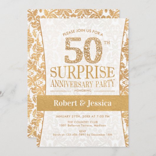 Überraschendes 50-jähriges Party - Gold White Einladung (Vorne/Hinten)