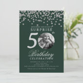 ÜBERRASCHENDES Foto 50 Geburtstag Silver Confetti Einladung (Stehend Vorderseite)