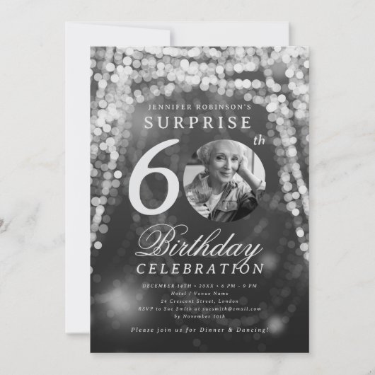 ÜBERRASCHENDES Foto 60. Geburtstag Silberglühleuch Einladung (Vorderseite)