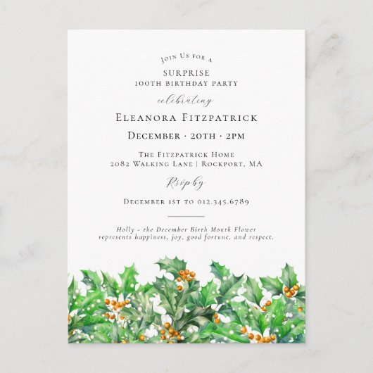 ÜBERRASCHENDES PARTY 100 Geburtstag Dezember Gebur Einladungspostkarte (Vorderseite)