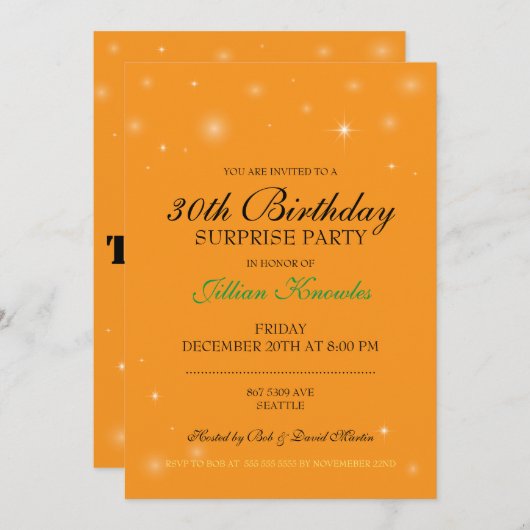 Überraschendes Party 30. Orange Citrine Orbs Stern Einladung (Vorne/Hinten)