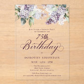 ÜBERRASCHENDES PARTY 75. Geburtstag Lila Lilac Flo Acryleinladungen (Vorderseite)