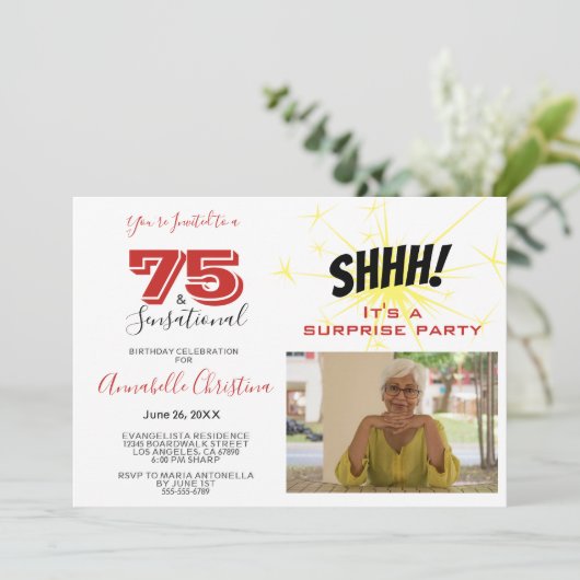 ÜBERRASCHENDES PARTY 75 & SENSATIONAL 75. Geburtst Einladung (Stehend Vorderseite)