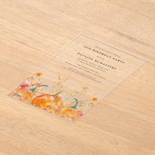 ÜBERRASCHENDES PARTY ACRYLIC 30. Pumpkin-Wildblume Acryleinladungen (Ablage )