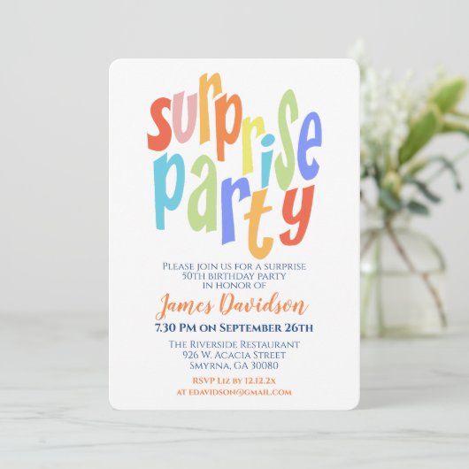 Überraschendes Party Moderne Typografie Einladung (Stehend Vorderseite)