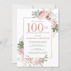 ÜBERRASCHENDES PARTY Pink Gold Floral 100. Geburts Einladung