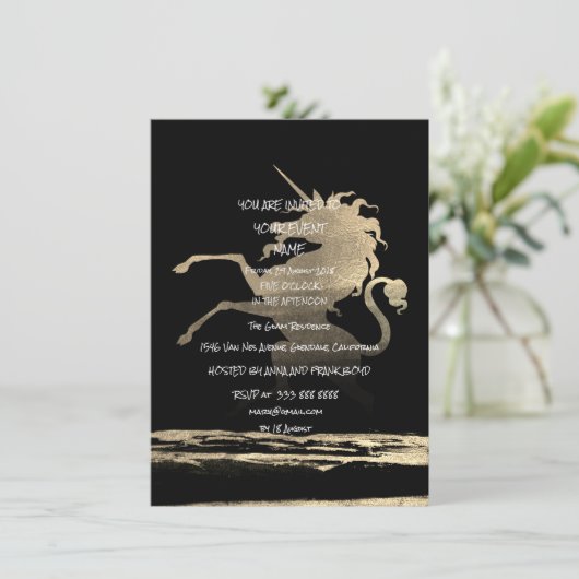 Überraschendes Party Schwarz Golden Brushes Unicor Einladung (Stehend Vorderseite)