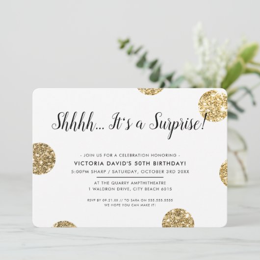 ÜBERRASCHENDES PARTY Stilvolle Golden Glitzer Polk Einladung (Stehend Vorderseite)