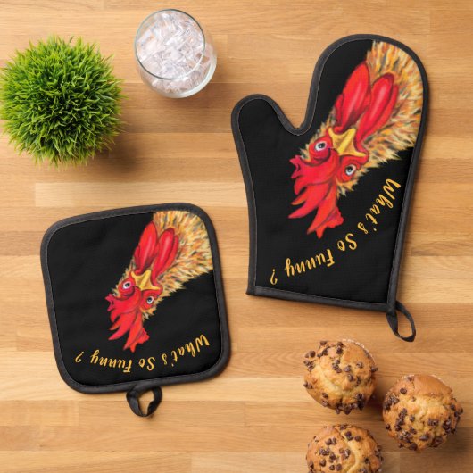Überraschendes Rooster-Benutzerdefinierter Text-Fu Ofenhandschuh & Topflappen-Set (Oben Unten)