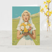 Überraschte Braut auf einer Frühlingswiese Karte (Gelbe Blume)