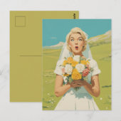 Überraschte Braut auf einer Frühlingswiese Postkarte (Vorne/Hinten)
