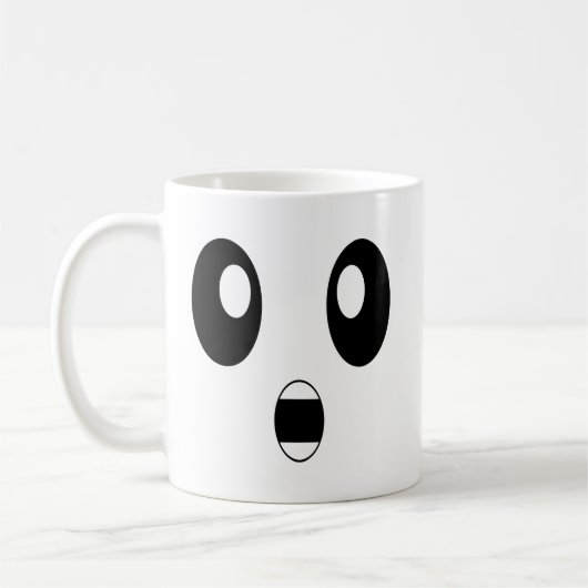 Überraschte Emoji entsetzte Emoticon-sprachlose Kaffeetasse (Links)
