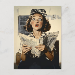 Überraschte Frau beim Zeitunglesen Postkarte