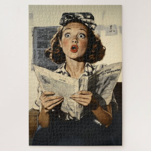 Überraschte Frau beim Zeitunglesen Puzzle