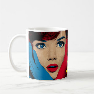 Überraschte Frau in Pop-Art Kaffeetasse