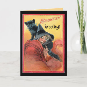 Überraschte Hexe und schwarze Katze Karte