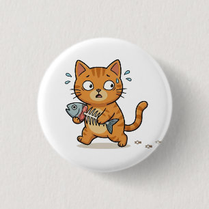 Überraschte Katze hält Fisch-Button Button