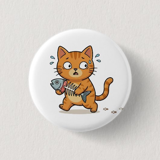 Überraschte Katze hält Fisch-Button Button (Vorderseite)