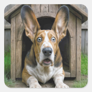Überraschter Basset Hound in einem Hundehaus Quadratischer Aufkleber