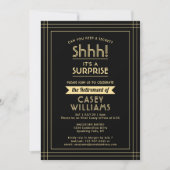 Überraschtes Party - Elegantes Schwarz und Gold Einladung (Vorderseite)