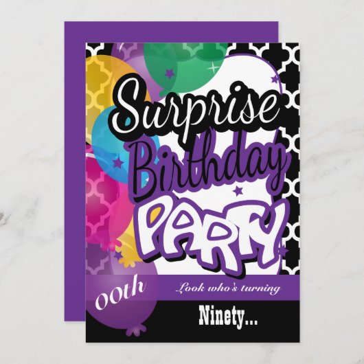 Überraschung 00. Geburtstag mit Balloons in Lila Einladung (Vorne/Hinten)