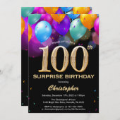 Überraschung 100. Geburtstag Black and Gold Ballon Einladung (Vorne/Hinten)