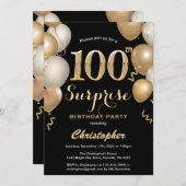 Überraschung 100. Geburtstag Black and Gold Ballon Einladung (Vorne/Hinten)