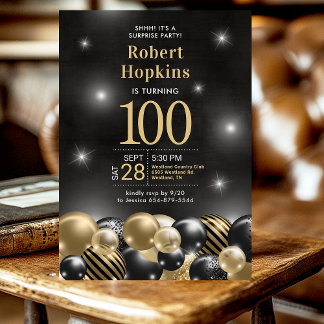 Überraschung 100. Geburtstag Black Gold Balloons F Einladung