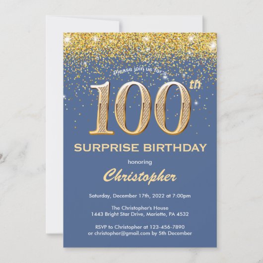 Überraschung 100. Geburtstag Blau und Gold Glitzer Einladung (Vorderseite)
